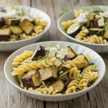 Mediterranean Eggplant-Zucchini Pasta with Feta & Dill