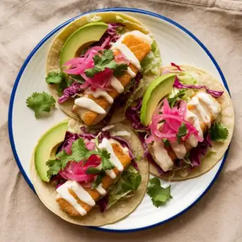 Baja-Style Cod Tacos with Chipotle Crema and Pickled Onion