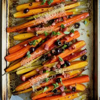 Caramelized Carrots with Pancetta, Olives, and Crispy Parmesan