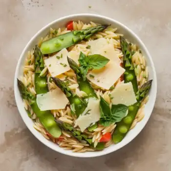 One-Pot Orzo with Snap Peas, Asparagus, and Basil