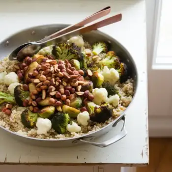 Roasted Broccoli and Brussels Sprouts Grain Bowl with Nutritional Yeast Dressing