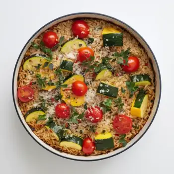 Mediterranean Orzo and Summer Vegetable Bake