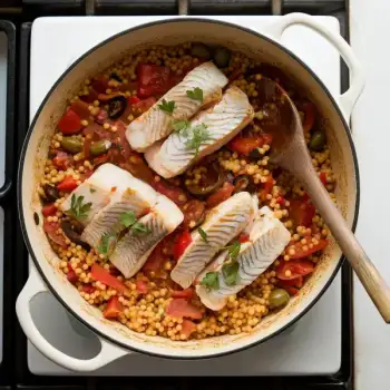 One-Pot Smoky Fish with Tomato, Olives, and Couscous