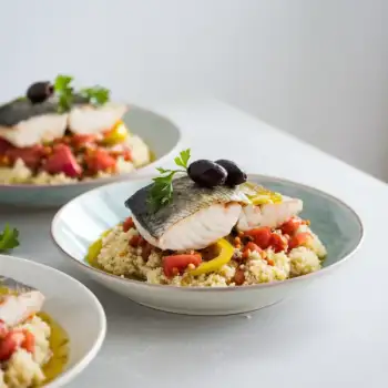 Smoky Fish with Tomato, Olives, and Couscous