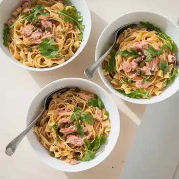 Luscious Blond Puttanesca with Linguine, Tuna, and Arugula