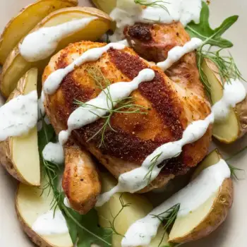 Crispy Harissa Chicken and Potato Bake with Garlic Yogurt Dressing