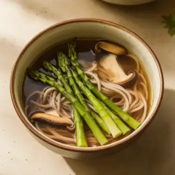 Miso Soup with Shiitakes, Soba, and Asparagus