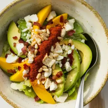 Avocado-Mango Salad with Fresh Cheese, Bacon, and Toasted Pumpkin Seeds