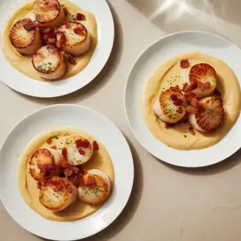 Seared Sea Scallops with Crispy Bacon and Parmesan Cream