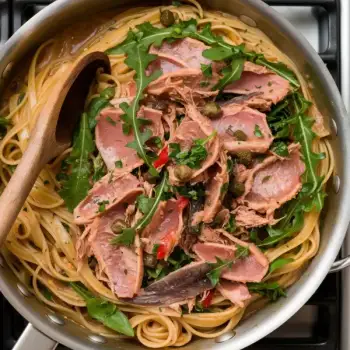 Luscious Blond Puttanesca with Linguine, Tuna, and Arugula
