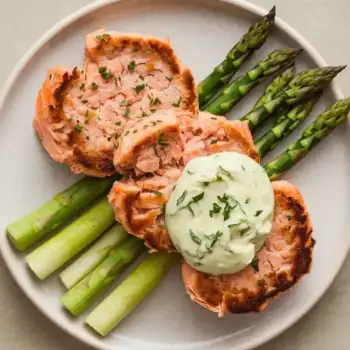 Crispy Salmon Patties with Asparagus and Zesty Lemon-Parsley Sauce
