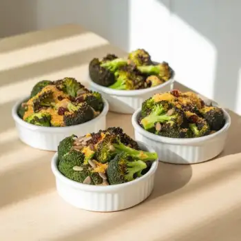 Charred Broccoli Salad with Nutritional Yeast, Parmesan Cheese, Sunflower Seeds and Golden Raisins