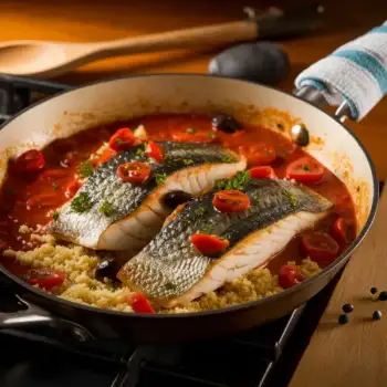 Smoky Fish with Tomato, Olives, and Couscous