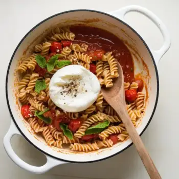 Fusilli with Burst Cherry Tomatoes, Mint, and Burrata