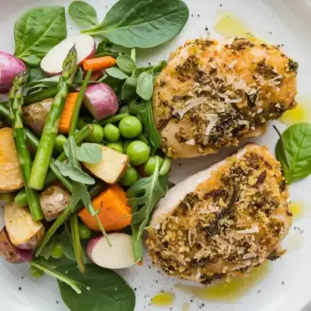 Crispy Parmesan-Crusted Chicken with Spring Vegetable Toss