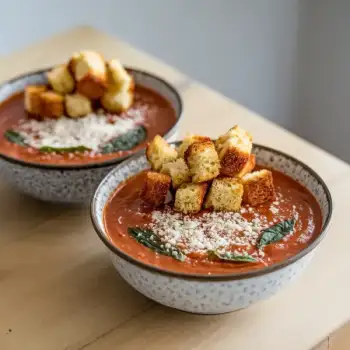 Smoky Marinara Soup with Garlic Bread Croutons