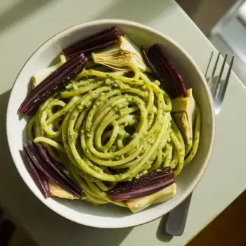 Pesto-Infused Spinach Linguine with Caramelized Red Onion and Artichokes