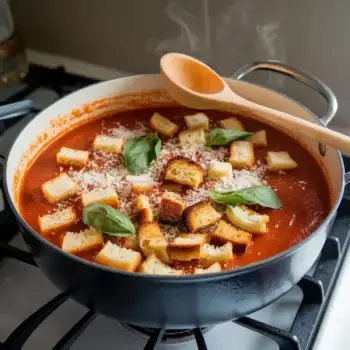 Smoky Marinara Soup with Garlic Bread Croutons