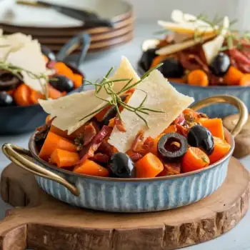 Caramelized Carrots with Pancetta, Olives, and Crispy Parmesan