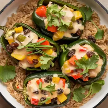 Savory Rice-Stuffed Poblano Peppers with Creamy Cashew-Chipotle Sauce
