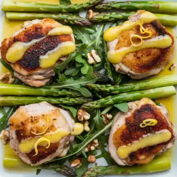 Crispy Lemon Chicken Thighs with Asparagus & Walnut Arugula Salad