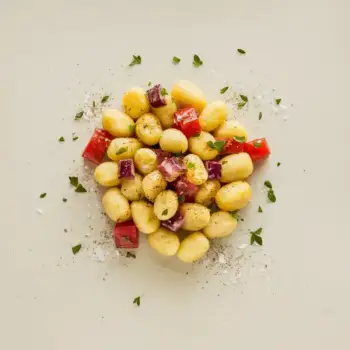 Golden Crispy Gnocchi with Fresh Tomato & Red Onion Salad