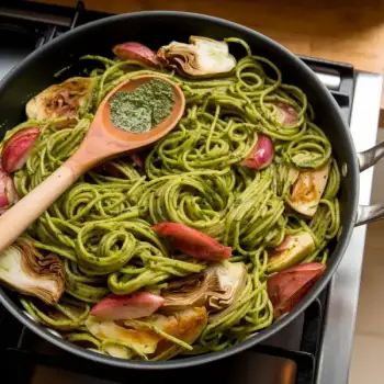 Pesto-Infused Spinach Linguine with Caramelized Red Onion and Artichokes