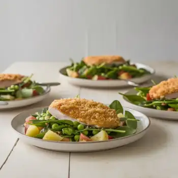 Crispy Parmesan-Crusted Chicken with Spring Vegetable Toss