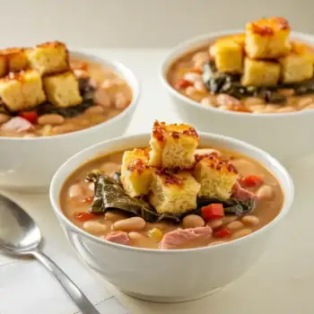 Southern Ham & Navy Bean Soup with Spicy Cornbread Croutons