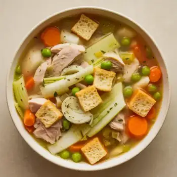 Hearty Chicken and Vegetable Broth with Puff Pastry Croutons