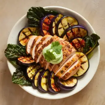 Aromatic Grilled Chicken and Spiced Vegetables with Cilantro Yogurt