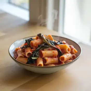 Rigatoni Pomodoro with Roasted Garlic and Swiss Chard