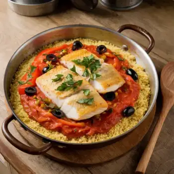 Smoky Fish with Tomato, Olives, and Couscous