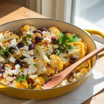 Roasted Cauliflower Medley with Feta, Almonds, and Olives