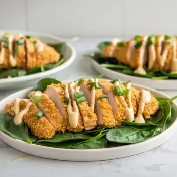 Crispy Lemon-Panko Chicken with Green Onion Tahini Sauce over Spinach