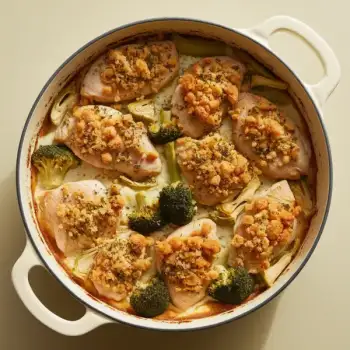 Chicken, Artichoke and Broccoli Bake with Herb Bread Crumbs