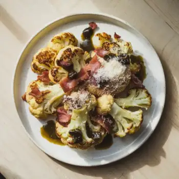 Crispy Cauliflower with Pancetta, Olive Dressing, and Parmesan Crust