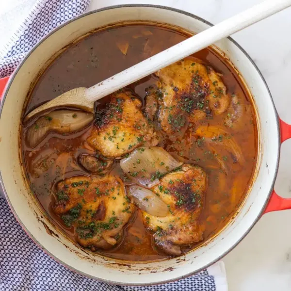 Braised Chicken Thighs with Harissa and Shallots