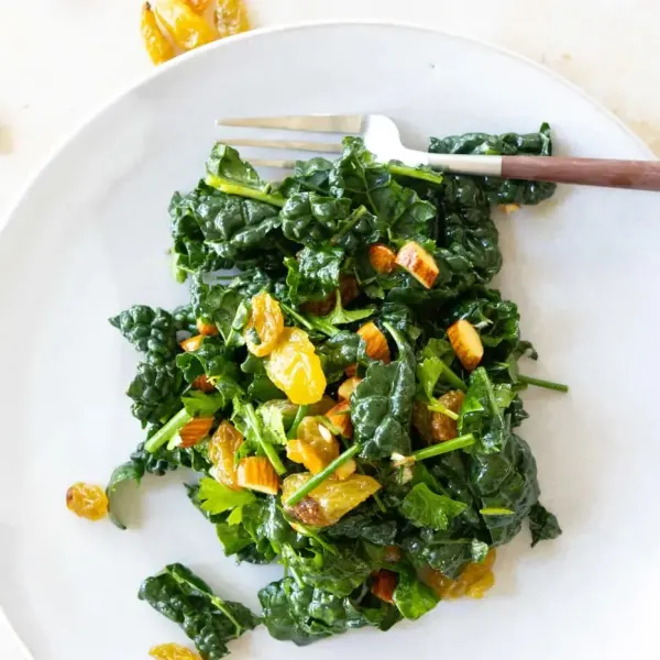 Green Kale Salad with Golden Raisins and Sherry Vinaigrette