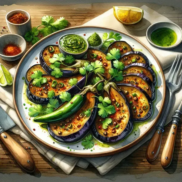 Roasted Eggplant with Garam Masala and Cilantro Chutney