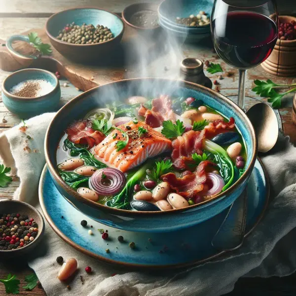 Seafood Stew with Salmon, Red Wine and Bacon