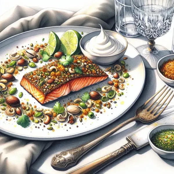 Crispy Skin Salmon with Dukkah Spice Mix and Lime Yogurt Sauce