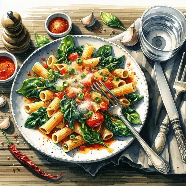 Rigatoni Pomodoro with Roasted Garlic and Swiss Chard