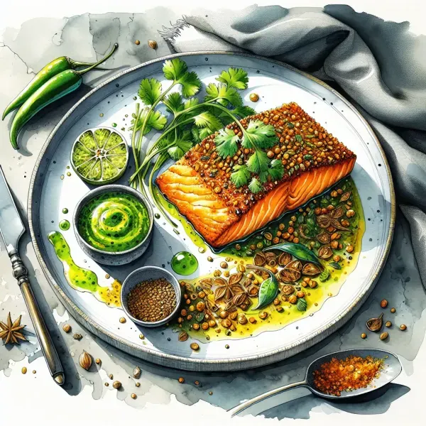 Crispy Skin Salmon with Indian Spice Mix and Cilantro Chutney