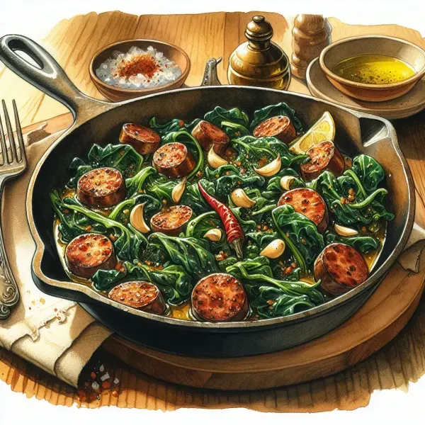 Sauteed Collard Greens with Andouille Sausage, Garlic, and Beer