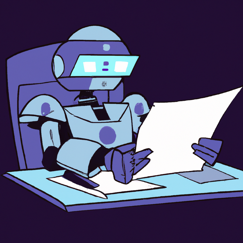 a robot sitting at a computer working on a document