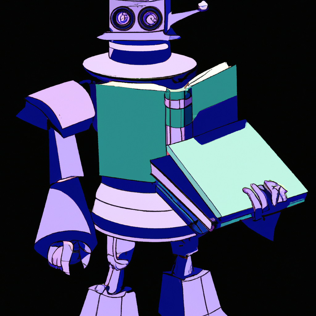 a robot with a gown and cap on holding an encyclopedia