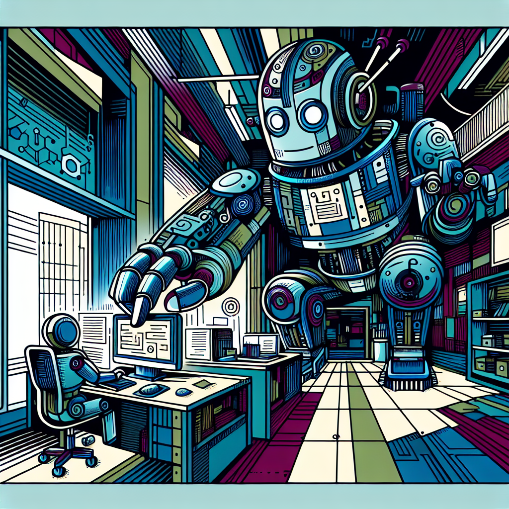 a robot teaching another robot how to use a computer, in an office setting