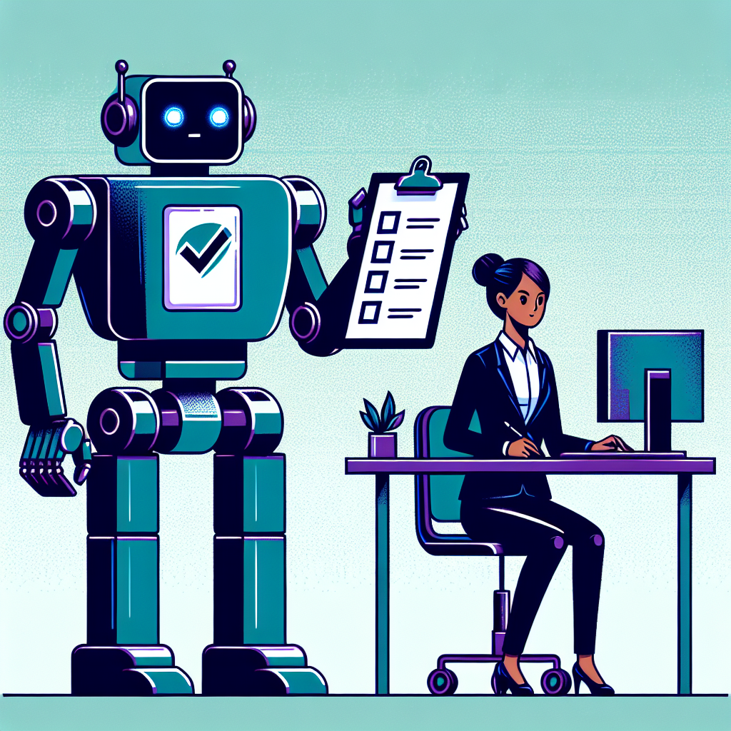 a robot holding a clip board, checking off a list, Standing next to a person in a suit sitting at a computer.