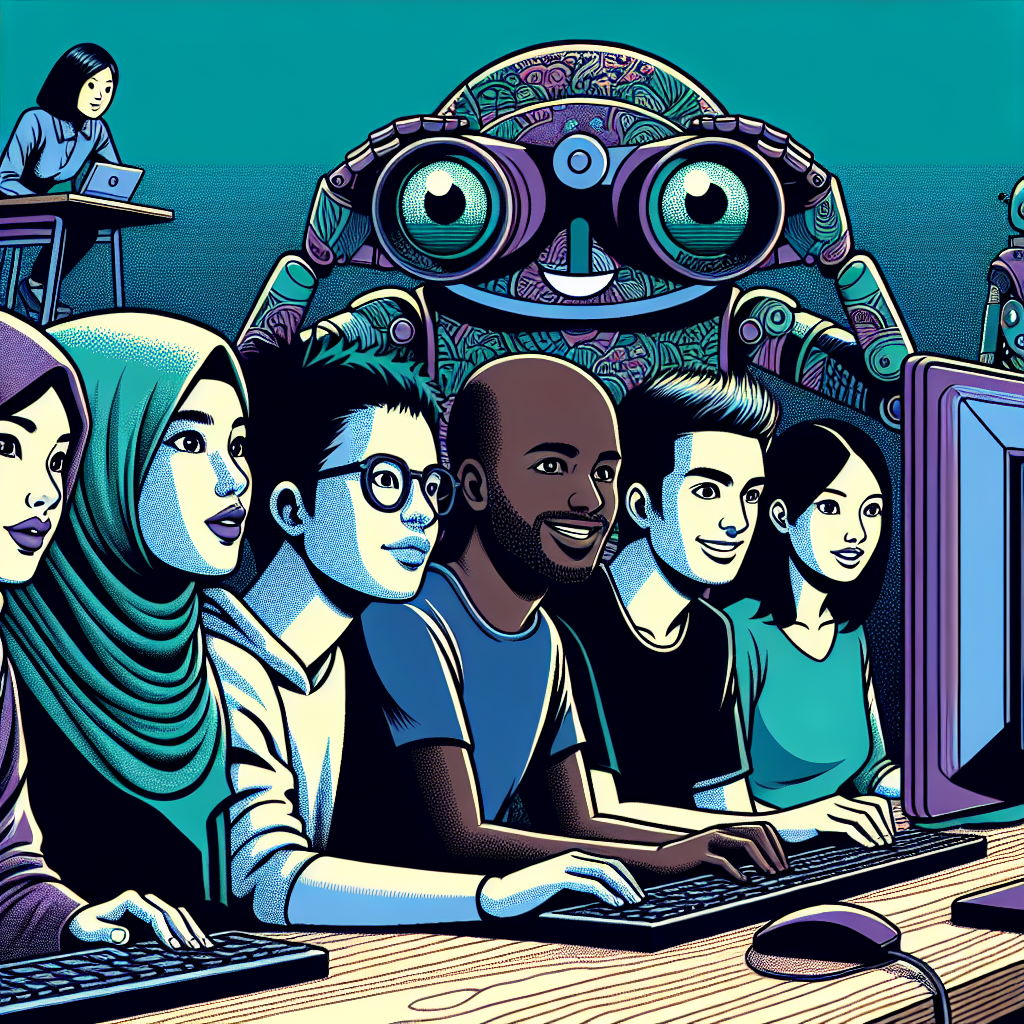 a group of people sitting at a computer, behind them is a robot with binoculars at its eyes watching them from a distance.
